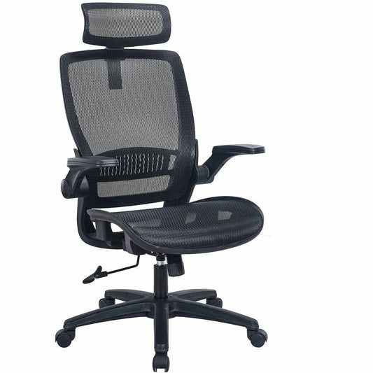 Lorell Lanser All-Mesh Chair with Flip-Up Arms - Mesh Seat Material - Mesh Back Material - High Back - 5-star Base - Black - Armrest - 1 Each
