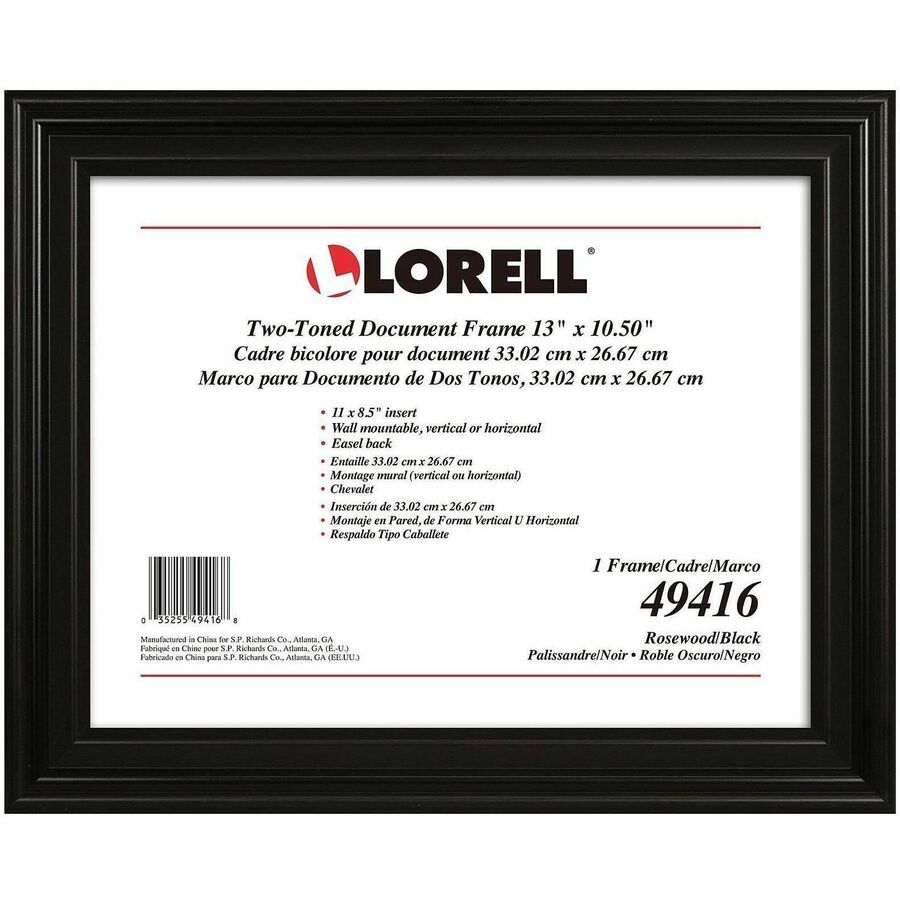 Lorell Two-toned Certificate Frame - 13" x 10.50" Frame Size - Desktop, Wall Mountable - Vertical, Horizontal - Black - 1 Each