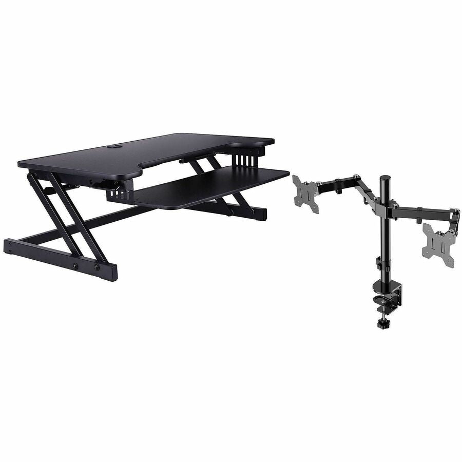 Rocelco Standing Desk Converter & Dual-Monitor Mount - 35 lb Load Capacity - 17" Height x 37.50" Width x 20.50" Depth - Desk - Black - For Monitor, Keyboard - Retractable, Grommet, Cable Management, Flexible, Dual Display, Scratch Resistant Pad, Sturdy