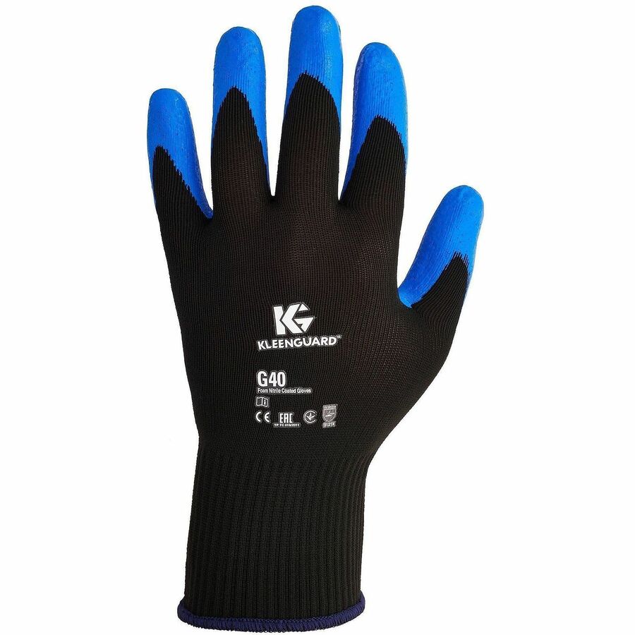 KleenGuard G40 Multi-Purpose Work Gloves - 9.05" Glove Length - Abrasion, Oil, Grease Protection - Nitrile Foam Coating - 8 Size Number - Medium Size - For Right/Left Hand - Nitrile Foam - Black, Blue - Abrasion Resistant, Stain Resistant, Washable, Si...