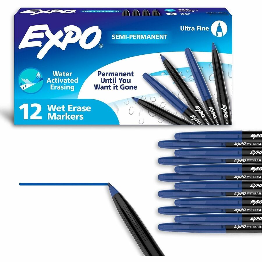 Expo Wet Erase Markers, Ultra Fine Tip - Erasable - Blue Ink - Glass, Calendar, Home, Office - 12 / Dozen