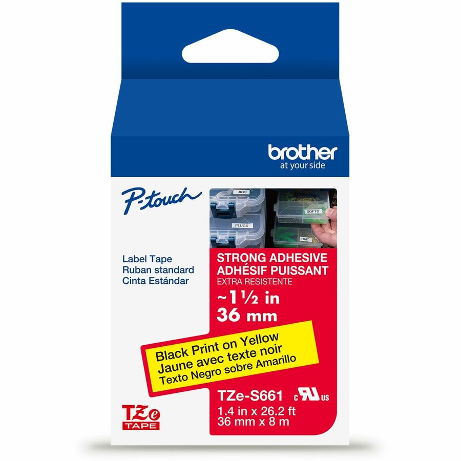 Brother Genuine P-touch TZeS661 BK on YL Label Tape, Strong Adhesive Lam., 36mmX8m - 1 27/64" Width - Yellow - Laminated - Water Resistant - 1 Each
