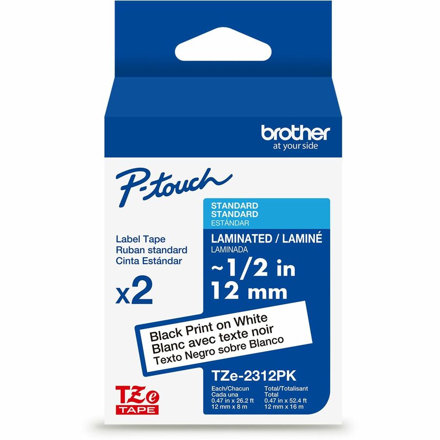 Brother Genuine P-touch TZe2312PK BK on WHT Label Tapes, Laminated, 12mmX8m each - 15/32" Width - White - Laminated - Water Resistant - 2 / Pack