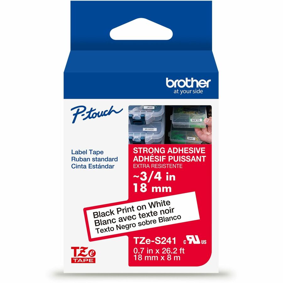Brother Genuine P-touch TZeS241 BK on WHT Label Tape, Strong Adhesive Lam., 18mmX8m - 45/64" Width - White - Laminated - Water Resistant - 1 Each