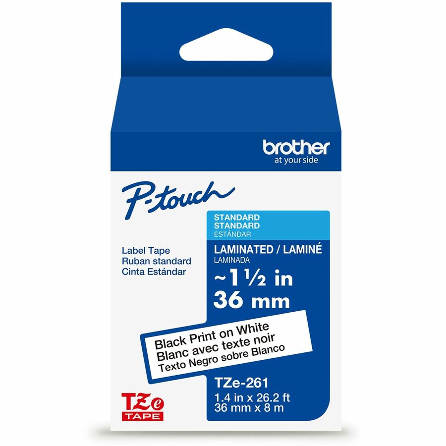 Brother Genuine P-touch TZe261 BK on WHT Label Tape, Laminated, 36mmX8m - 1 27/64" Width - White - Laminated - Water Resistant - 1 Each