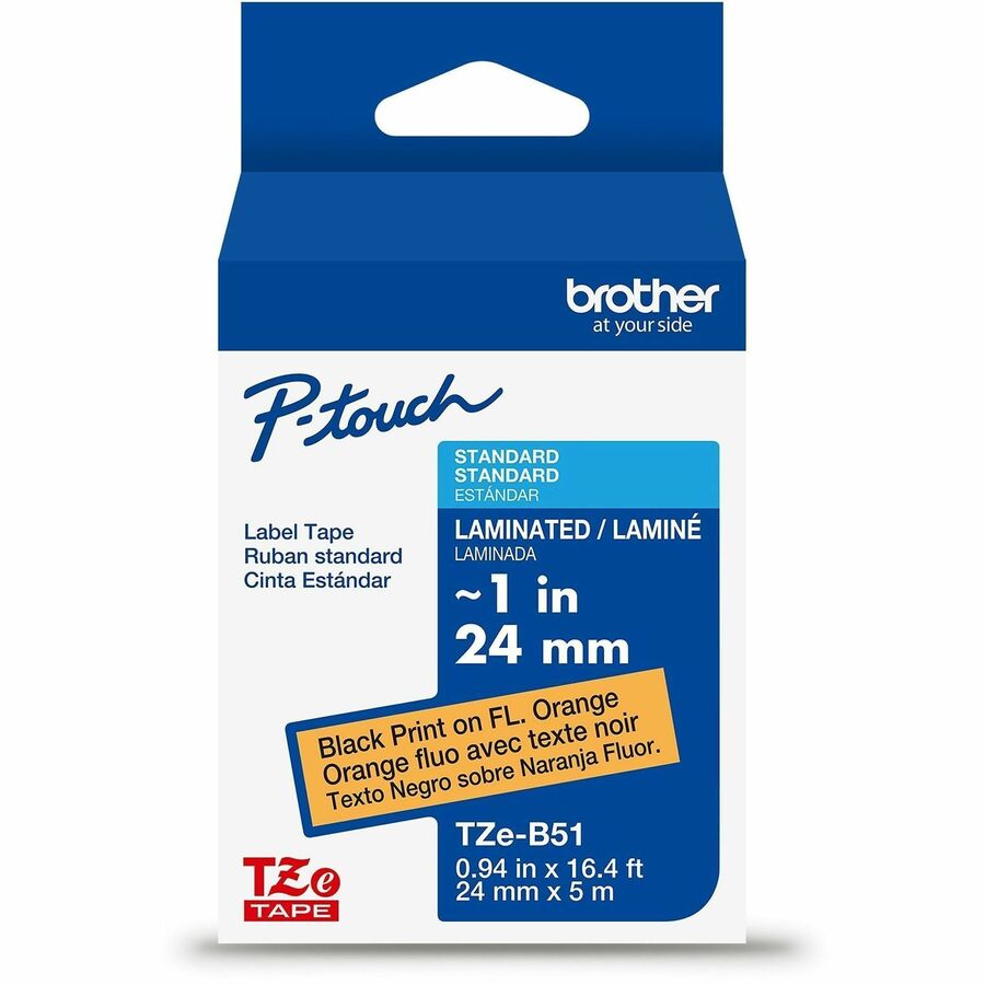 Brother Genuine P-touch TZeB51 BK on FLUOR ORG Label Tape, Laminated, 24mmX5m - x 15/16" Width - Fluorescent Orange - Polyethylene Terephthalate (PET) - Water Resistant - Laminated - 1 Each