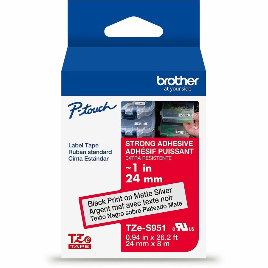 Brother P-touch Tze Label Tape - x 15/16" Width - Matte Silver - Polyethylene Terephthalate (PET) - Water Resistant - Laminated - 1 Each