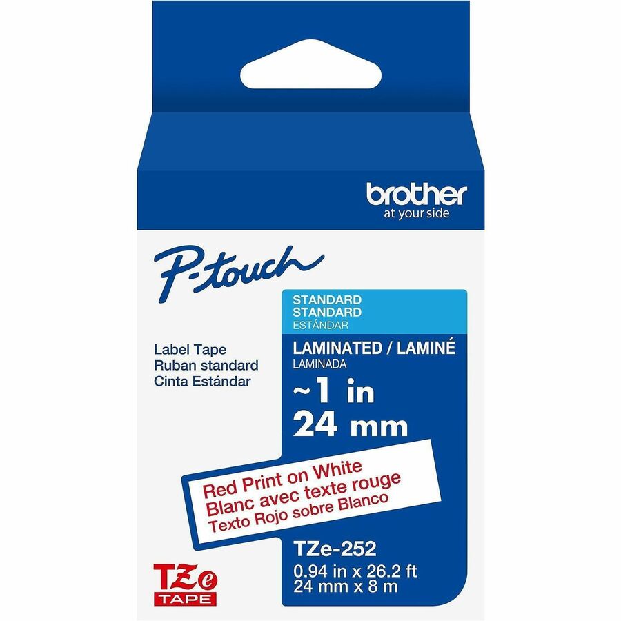Brother Genuine P-touch TZe252 RD on WHT Label Tape, Laminated, 24mmX8m - x 15/16" Width - White - Polyethylene Terephthalate (PET) - Water Resistant - Laminated - 1 Each