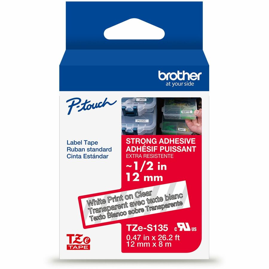 Brother Genuine P-touch TZeS135 WHT on CLR Label Tape, Strong Adhesive Lam., 12mmX8m - x 15/32" Width x 26 1/5 ft Length - Clear - Laminate - Water Resistant - Laminated - 1 Each