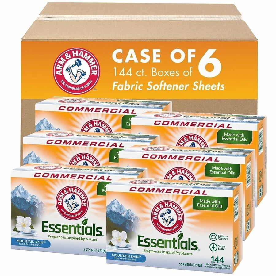 Arm & Hammer Essentials Fabric Softener Sheets - For Laundry, Clothes - Sheet - Mountain Rain Scent - Anti-static, Pleasant Scent, Long Lasting, Machine Washable - White - 144 Sheets/Box - 6 / Carton