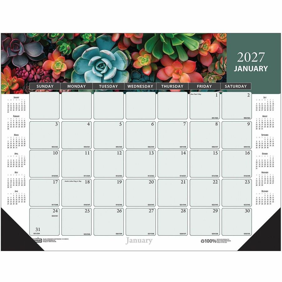 House of Doolittle Recycled Succulent/Cacti Desk Pad - Julian Dates - Monthly - 12 Month - January 2027 to December 2027 - 1 Month Single Page Layout - 22" x 17" Sheet Size - 2" x 2.38" Block - Gummed - Desk Pad - Multi - Paper - 1 Each