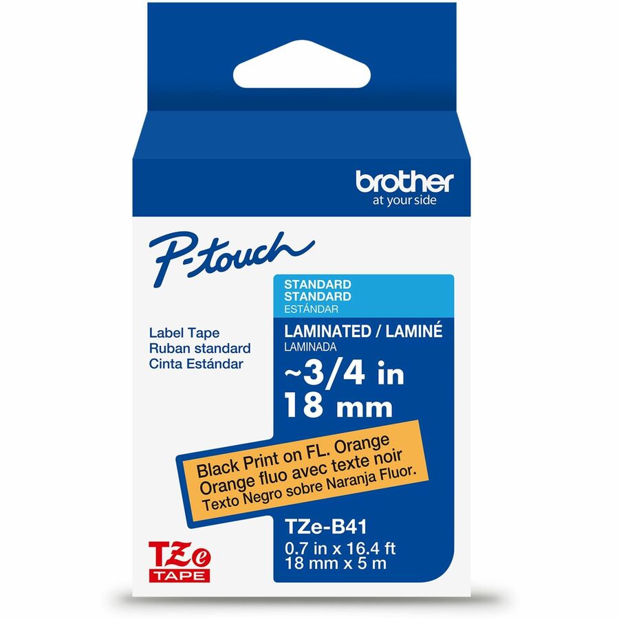 Brother Genuine P-touch TZeB41 BK on FLUOR ORG Label Tape, Laminated, 18mmX5m - 45/64" Width - Fluorescent Orange - Laminated - Water Resistant - 1 Each