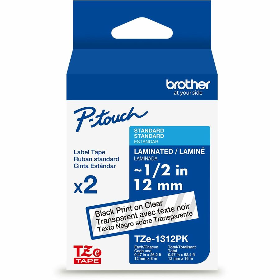 Brother Genuine P-touch TZe1312PK BK on CLR Label Tapes, Laminated, 12mmX8m each - 15/32" Width - Clear - Laminated - Water Resistant - 2 / Pack