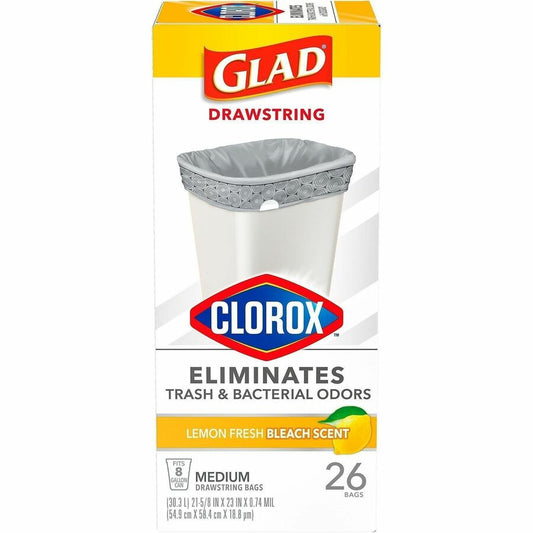 Glad Medium Drawstring Trash Bags with Clorox - Lemon Fresh Bleach - Medium Size - 8 gal Capacity - Drawstring Closure - White - Garbage, Can, Bathroom, Kitchen, Home - 26 / Each