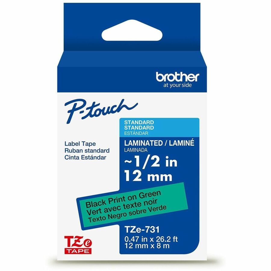 Brother Genuine P-touch TZe731 BK on GRN Label Tape, Laminated, 12mmX8m - x 15/32" Width - Green - Polyester - Water Resistant - Laminated - 1 Each