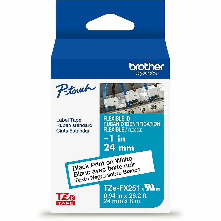 Brother Genuine P-touch TZeFX251 BK on WHT Label Tape, Flexible ID Laminated, 24mmX8m - x 15/16" Width - Black on White - Polyester - Water Resistant - Laminated - 1 Each