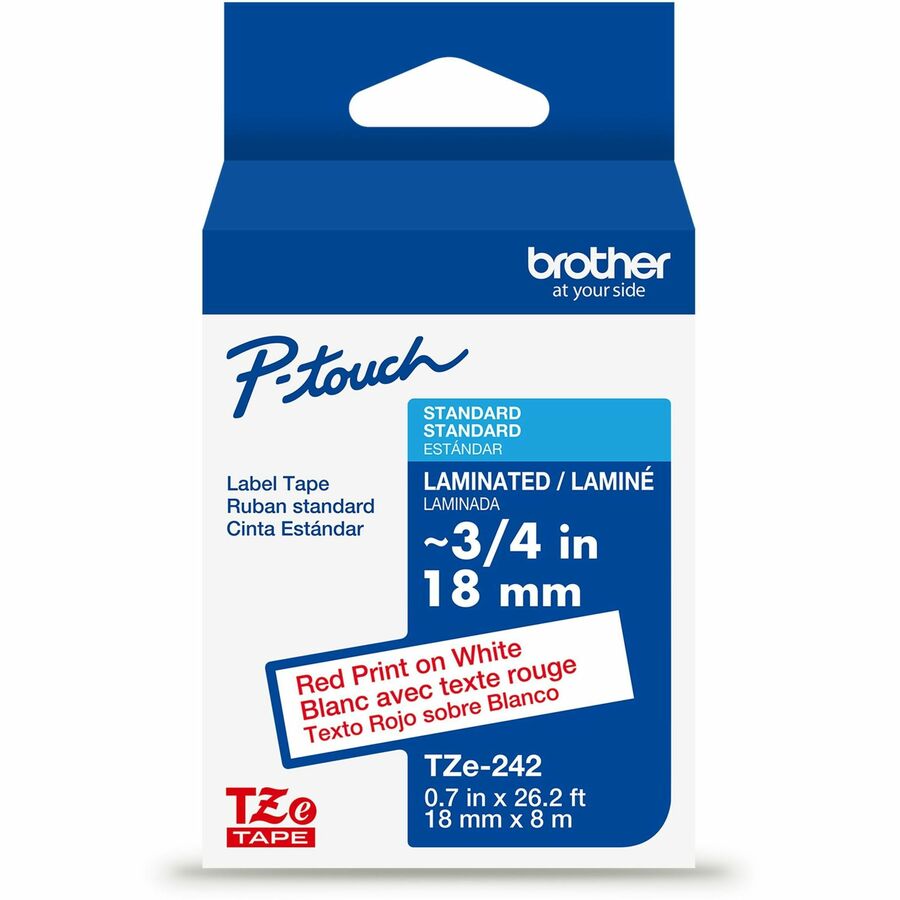 Brother Genuine P-touch TZe242 RD on WHT Label Tape, Laminated, 18mmX8m - 45/64" Width - White - Laminated - Water Resistant - 1 Each