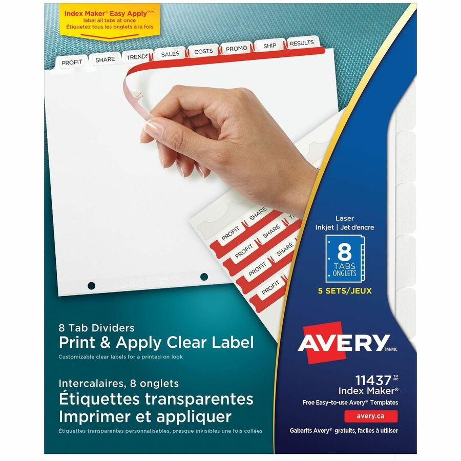 Avery&reg, Print & Apply Clear Label Dividers - Index Maker Easy Apply Label Strip - 40 x Divider(s) - 8 Tab(s)/Set - 8.5" Divider Width x 11" Divider Length - Letter - 3 Hole Punched - Clear Paper Divider - White Tab(s) - 20% Recycled - Punched - 1 Pack