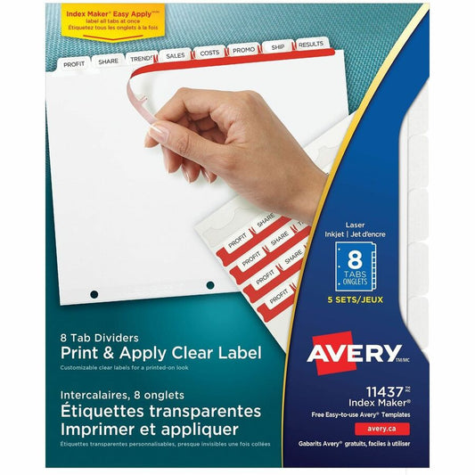 Avery, Print & Apply Clear Label Dividers - Index Maker Easy Apply Label Strip - 40 x Divider(s) - 8 Tab(s)/Set - 8.5" Divider Width x 11" Divider Length - Letter - 3 Hole Punched - Clear Paper Divider - White Tab(s) - 20% Recycled - Punched - 1 Pack
