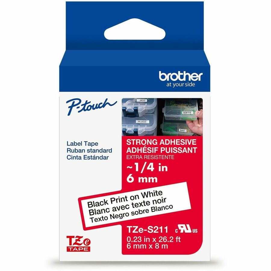 Brother Genuine P-touch TZeS211 BK on WHT Label Tape, Strong Adhesive Lam., 6mmX8m - 15/64" Width - White - Laminated - Water Resistant - 1 Each