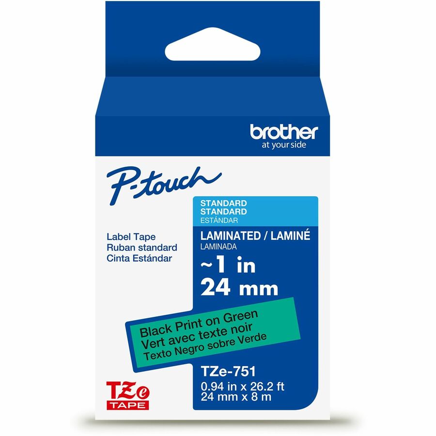 Brother Genuine P-touch TZe751 BK on GRN Label Tape, Laminated, 24mmX8m - 15/16" Width - Green - Laminated - Water Resistant - 1 Each