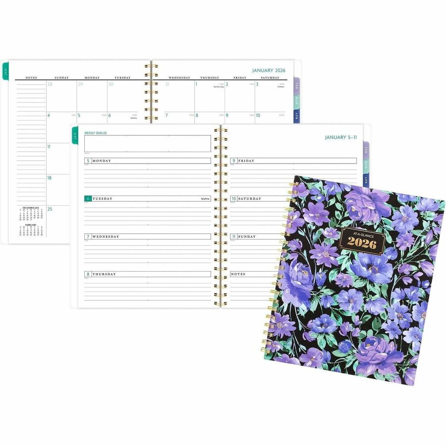 At-A-Glance BADGE Weekly/Monthly Planner - Weekly, Monthly - 13 Month - January 2027 to January 2028 - Letter - 8 1/2" x 11" Sheet Size - Twin Wire - Badge Floral, Purple - Paper - Poly Cover - 1 Each