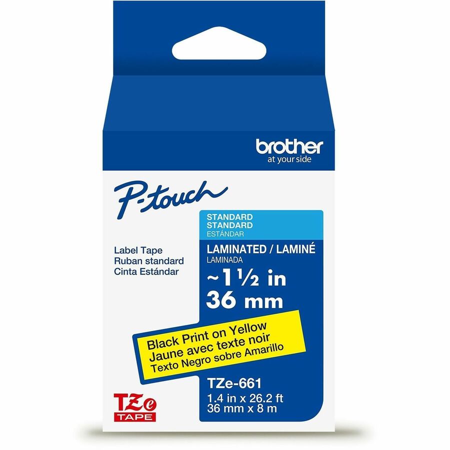 Brother Genuine P-touch TZe661 BK on YL Label Tape, Laminated, 36mmX8m - 1 27/64" Width - Yellow - Laminated - Water Resistant - 1 Each
