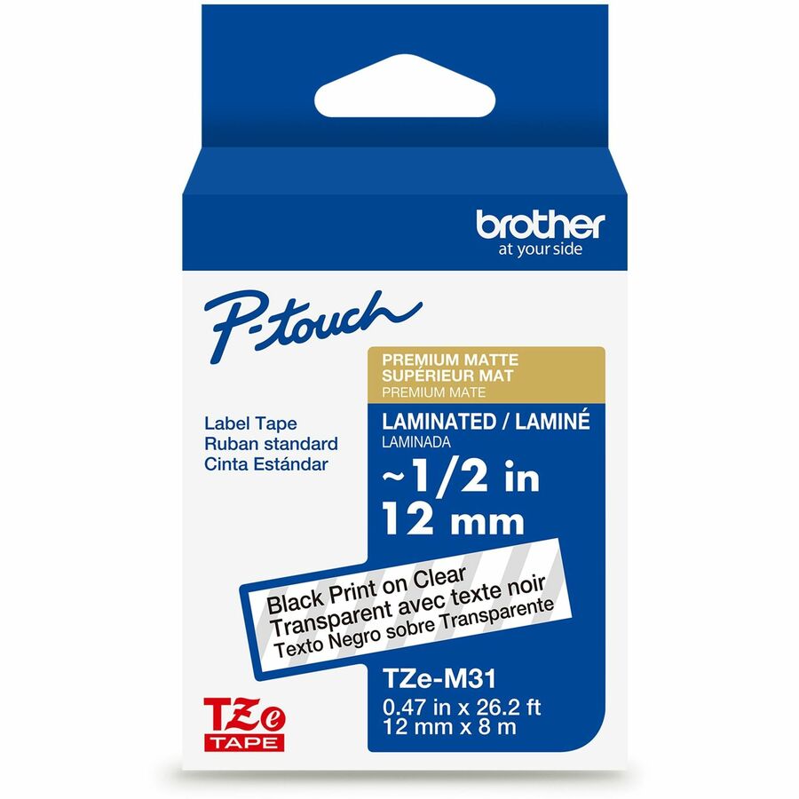 Brother Genuine P-touch TZeM31 BK on CLR Label Tape, Premium Matte Laminated, 12mmX8m - 15/32" Width - Matte Clear - Laminated - Water Resistant - 1 Each