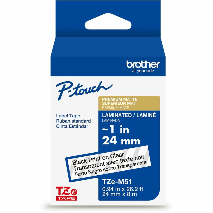 Brother Genuine P-touch TZeM51 BK on CLR Label Tape, Premium Matte Laminated, 24mmX8m - 15/16" Width - Matte Clear - Laminated - Water Resistant - 1 Each