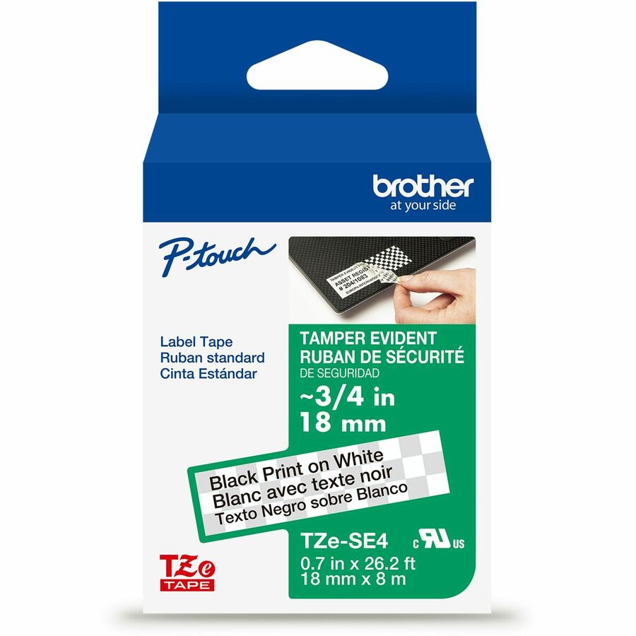 Brother Genuine P-touch TZeSE4 BK on WHT Tamper-Evident Label Tape, Laminated, 18mmX8m - 45/64" Width - White - Laminated - Water Resistant - 1 Each