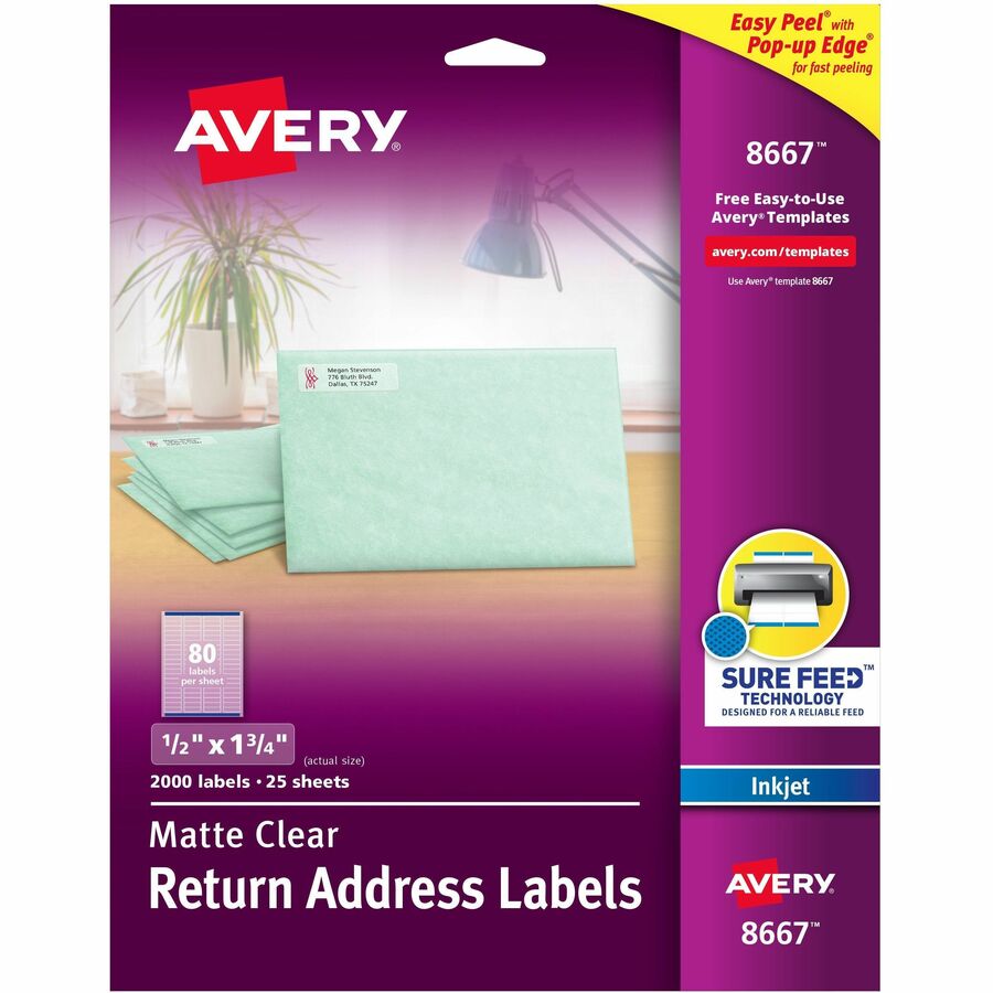 Avery&reg, Easy Peel Inkjet Printer Mailing Labels - 1/2" Width x 1 3/4" Length - Permanent Adhesive - Rectangle - Inkjet - Clear - Film - 80 / Sheet - 25 Total Sheets - 2000 Total Label(s) - 2000 / Pack