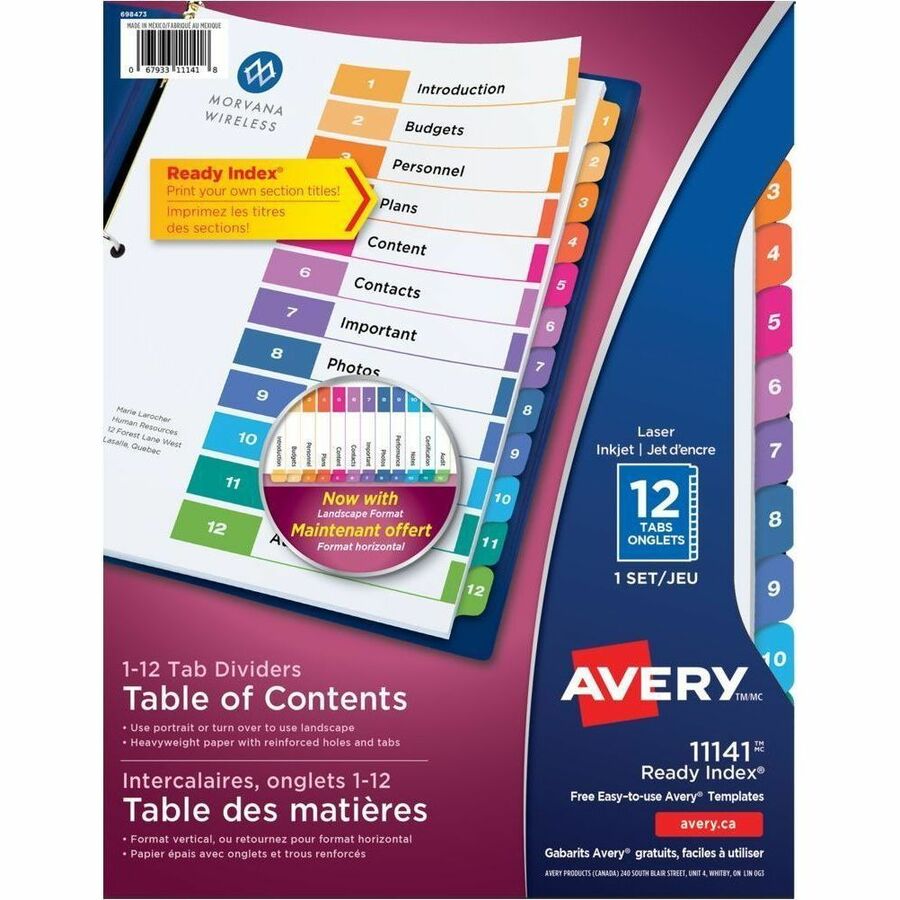 Avery Ready Index Table of Contents Dividers - 12 x Divider(s) - 12 Printed Tab(s) - Digit - 1-12 - 12 Tab(s)/Set - 8.5" Divider Width x 11" Divider Length - 3 Hole Punched - White Paper Divider - Multicolor Paper Tab(s) - 20% Recycled - Pre-printed, H...