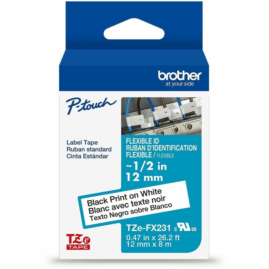 Brother Genuine P-touch TZeFX231 BK on WHT Label Tape, Flexible ID Laminated, 12mmX8m - x 15/32" Width - White - Polyester - Water Resistant - Laminated - 1 Each