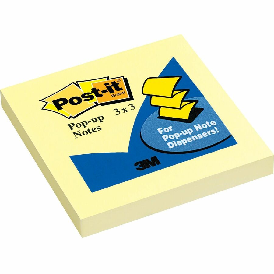 Post-it&reg, Pop-up Notes - 100 - 3" Flag/Note Width x 3" Flag/Note Length - Square - 100 Sheets per Pad - Unruled - Canary Yellow - Paper - Self-adhesive, Repositionable - 1 Pad