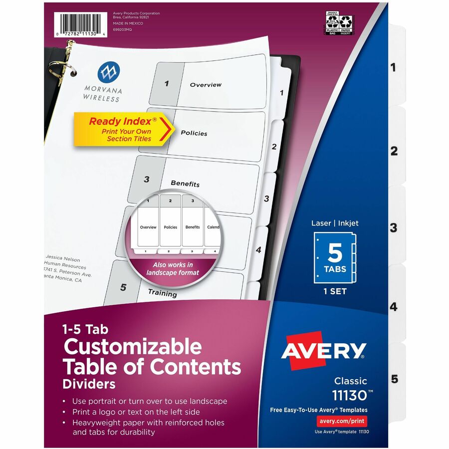 Avery Binder Dividers, 5 Tabs, Ready Index (11130) - 5 x Divider(s) - 5 Tab(s) - 1-5 - 5 Tab(s)/Set - 8.5" Divider Width x 11" Divider Length - 3 Hole Punched - White Paper Divider - White Paper Tab(s) - 30% - Sturdy, Hole-punched, Printable, Customiza...