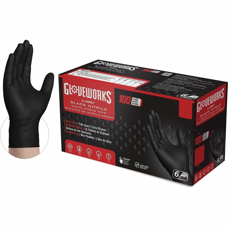 Gloveworks Powder-Free Industrial RDT Nitrile Gloves - 6 mil Thickness x 18.26" Glove Length - Grime, Dirt, Snag Protection - Polymer Coating - XXL Size - For Right/Left Hand - Nitrile - Black - Raised Diamond Grip, Latex-free, Ambidextrous, Non-steril...