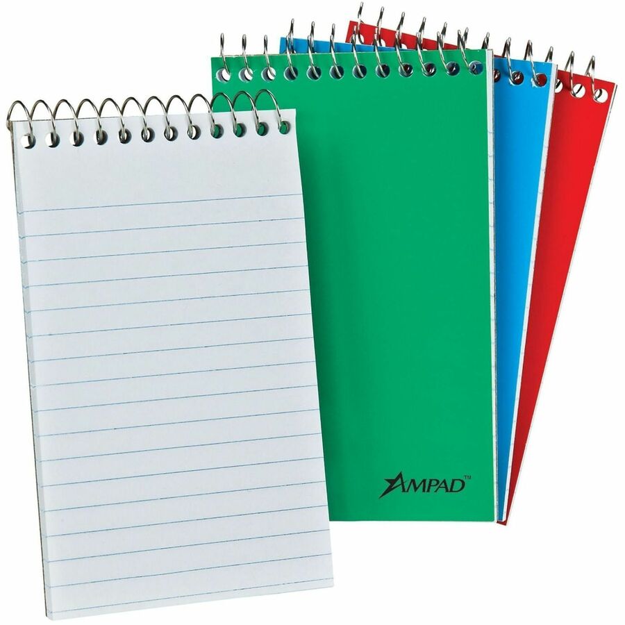 Ampad Top-Bound Memo Books - 60 Sheets - Narrow Ruled Front Ruling - Red, Blue, Green Cover - Compact - 12 / Pack