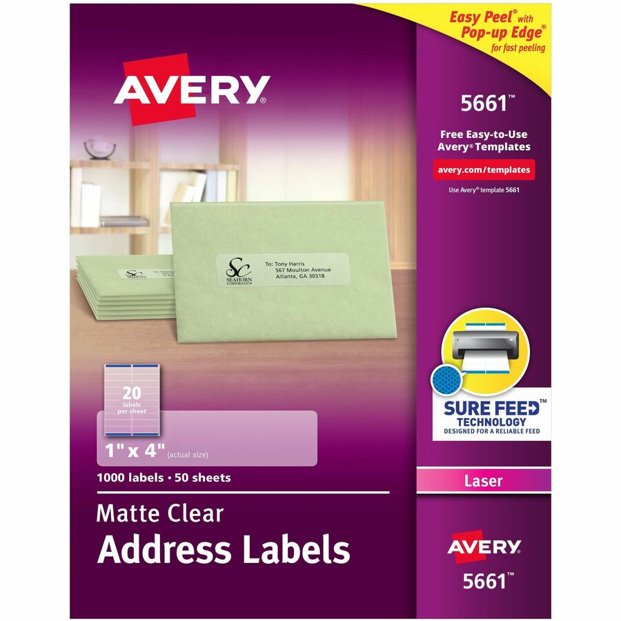 Avery&reg, Easy Peel Return Address Labels - 1" Width x 4" Length - Permanent Adhesive - Rectangle - Laser - Matte - Clear - Film - 20 / Sheet - 50 Total Sheets - 1000 Total Label(s) - 1000 / Box