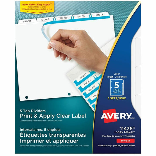 Avery, Print & Apply Clear Label Dividers - Index Maker Easy Apply Label Strip - 25 x Divider(s) - 5 Tab(s)/Set - 8.5" Divider Width x 11" Divider Length - Letter - 3 Hole Punched - Clear Paper Divider - White Tab(s) - 20% Recycled - Punched, Durab...