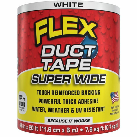 FLEX SEAL Super Wide Duct Tape - 20 ft Length x 4.60" Width - White - Rubber Adhesive - Water Resistant, Weather Resistant, UV Resistant - For Reinforcing, Box, Household, Repair, DIY, Sealing, Drafting, Window, Door, Furniture, Fabric, ... - 6 / Carton