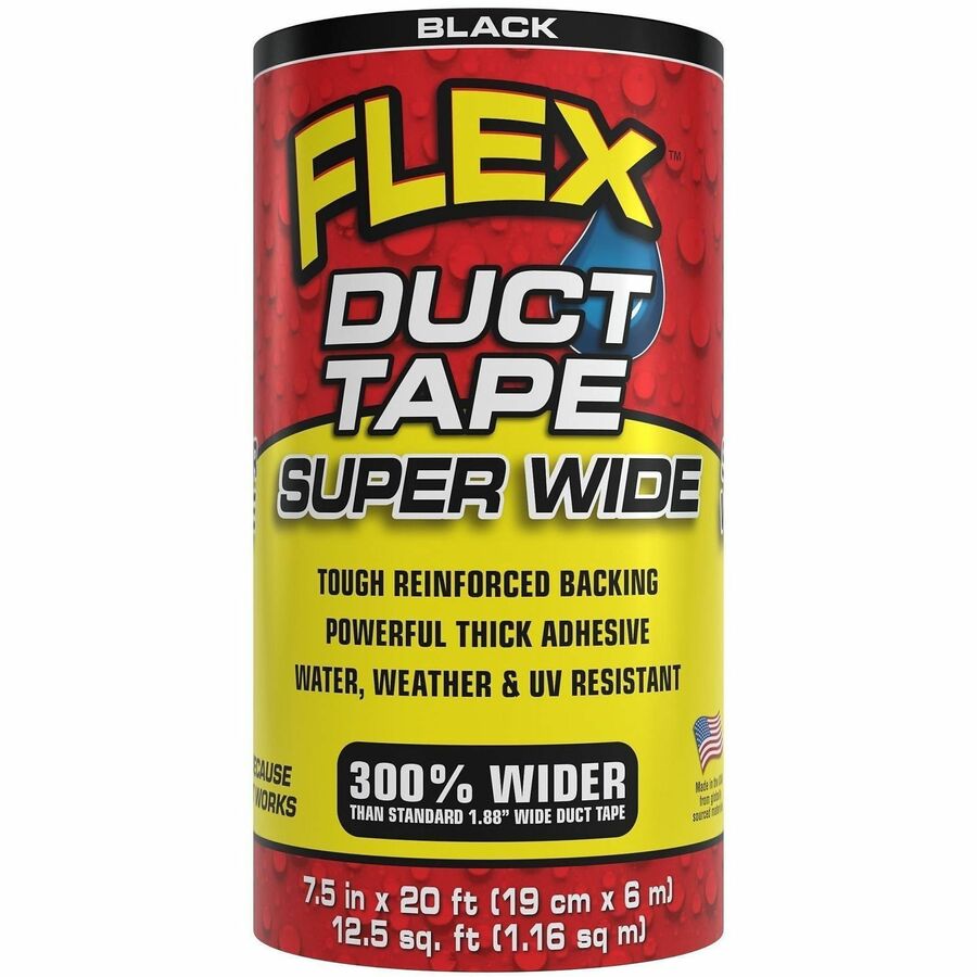 FLEX SEAL Super Wide Duct Tape - 20 ft Length x 7.50" Width - Black - Rubber Adhesive - Water Resistant, Weather Resistant, UV Resistant - For Reinforcing, Box, Household, Repair, DIY, Sealing, Drafting, Window, Door, Furniture, Fabric, ... - 3 / Carton