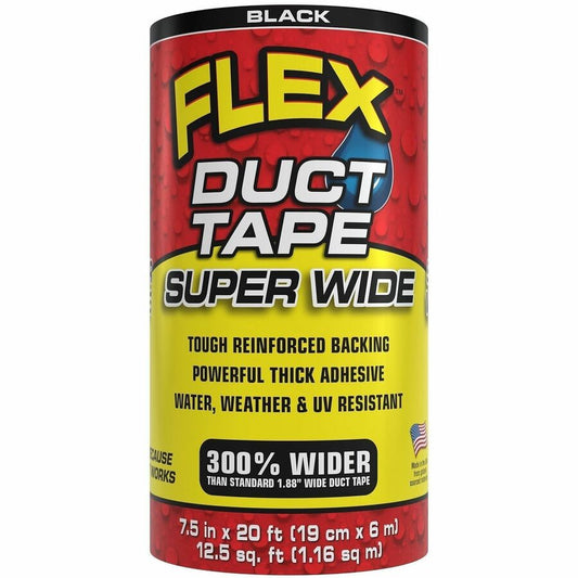 FLEX SEAL Super Wide Duct Tape - 20 ft Length x 7.50" Width - Black - Rubber Adhesive - Water Resistant, Weather Resistant, UV Resistant - For Reinforcing, Box, Household, Repair, DIY, Sealing, Drafting, Window, Door, Furniture, Fabric, ... - 3 / Carton