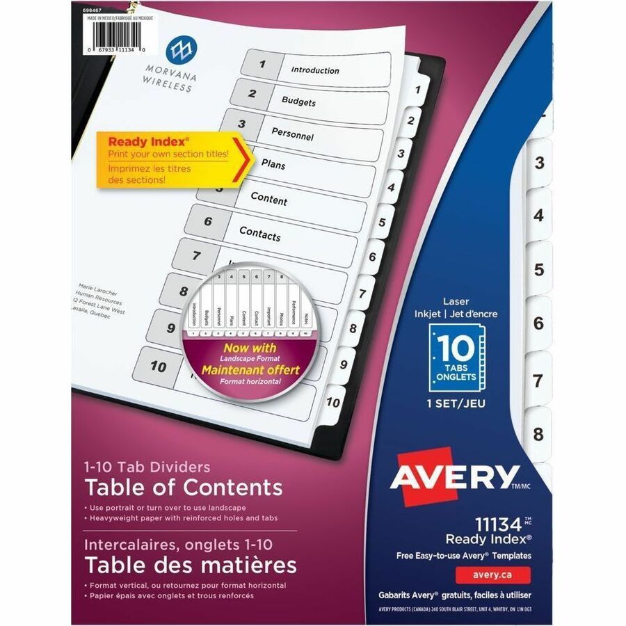 Avery Ready Index Table of Contents Dividers - 10 x Divider(s) - 10 Printed Tab(s) - Digit - 1-10 - 10 Tab(s)/Set - 8.5" Divider Width x 11" Divider Length - 3 Hole Punched - White Paper Divider - Black Paper, White Tab(s) - 20% Recycled - Pre-printed...