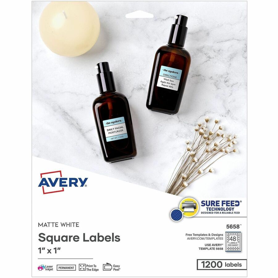 Avery Matte White Square Labels - x 1" Width x 1" Length - Square - Inkjet, Laser - Matte - Matte White - 48 / Sheet - 1200 Total Label(s) - For Label Printer - 1200 / Pack