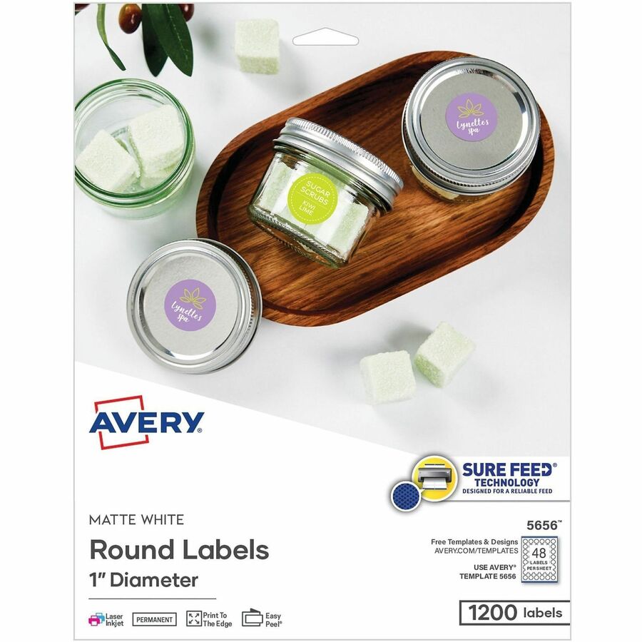 Avery Matte White 1" Round Labels - 1" Diameter - Round - Laser, Inkjet - White Matte - 48 / Sheet - 1200 / Pack