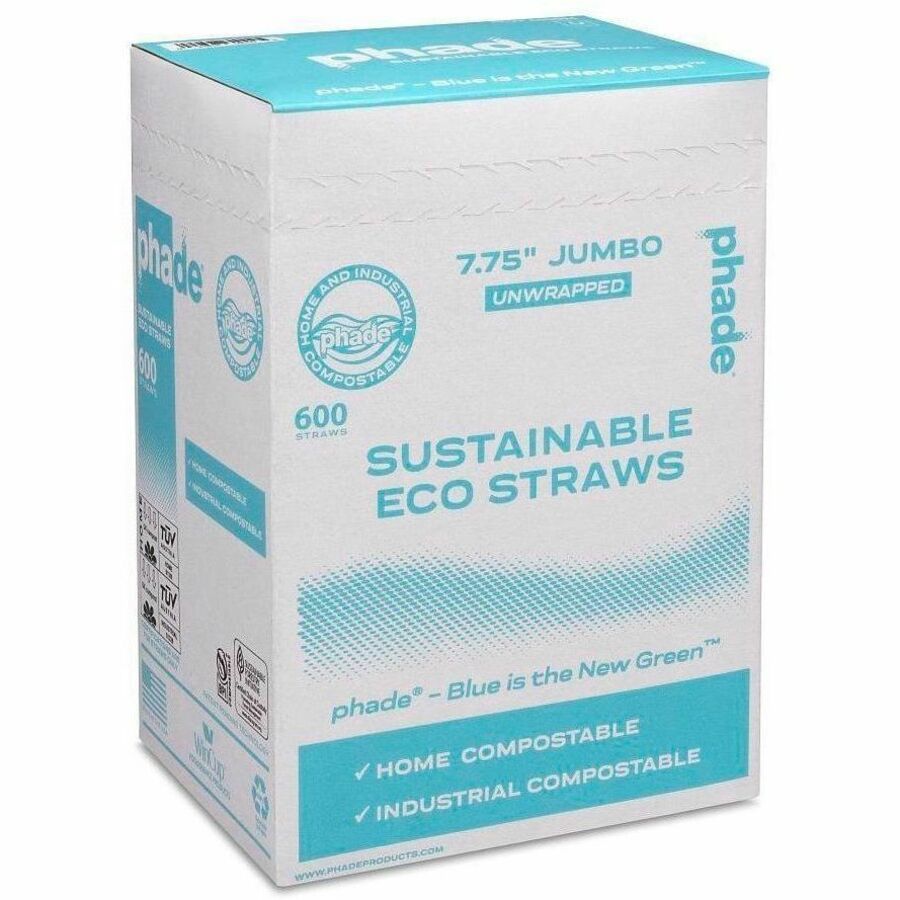 Phade Compostable Straws - 7.8" Length - Polyhydroxyalkanoate (PHA) - Caribbean Blue - 600 Straws/Box - 10 / Carton