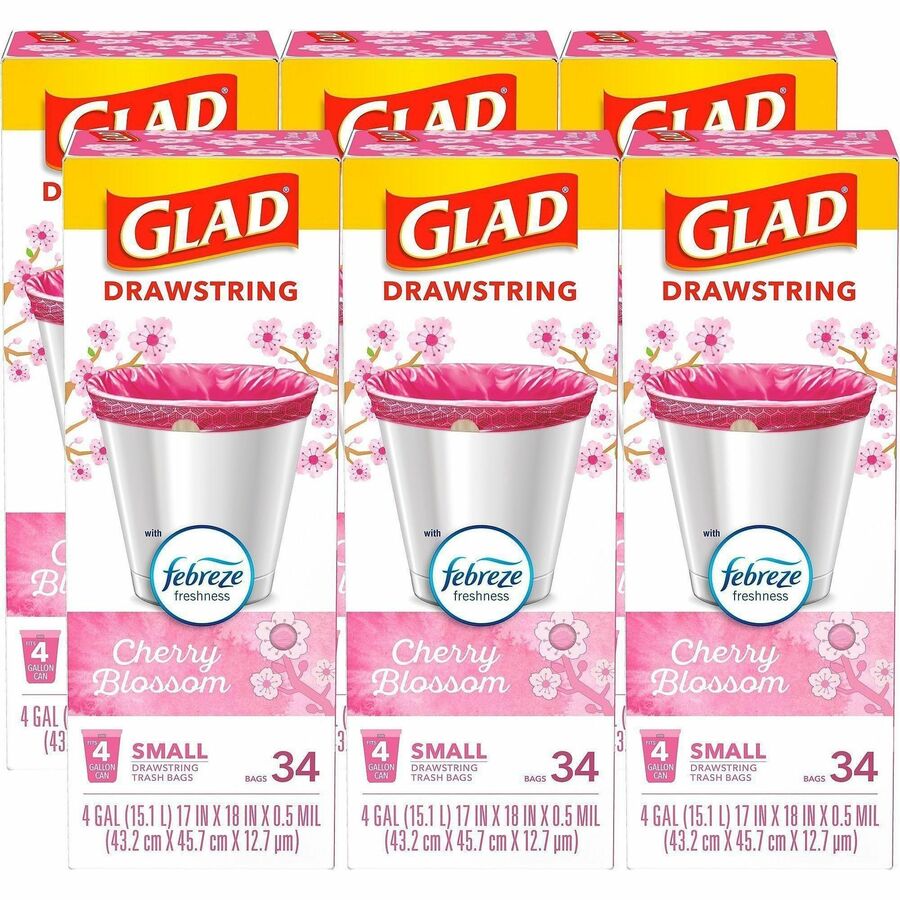 Glad Odorshield Small Drawstring Trash Bags - Cherry Blossom - Small Size - 4 gal Capacity - 18" Length x 17" Width - Drawstring Closure - Pink - Garbage, Kitchen, Bedroom, Bathroom - 34/Box - 6 / Carton