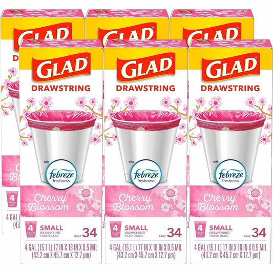 Glad Odorshield Small Drawstring Trash Bags - Cherry Blossom - Small Size - 4 gal Capacity - 18" Length x 17" Width - Drawstring Closure - Pink - Garbage, Kitchen, Bedroom, Bathroom - 34/Box - 6 / Carton