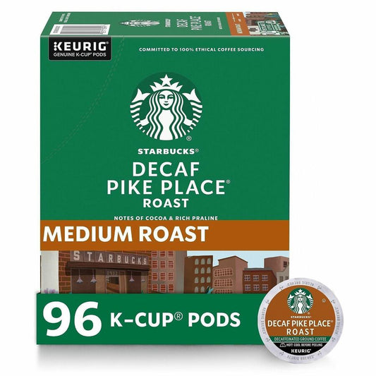 Starbucks&reg, K-Cup Decaf Pike Place Roast Coffee - Compatible with Keurig K-Cup Brewer - American - Medium - 24 K-Cup - K-Cup - Arabica, Latin America, Chocolate, Toasted Nut, Pike Place Roast - Decaffeinated - 4 / Carton