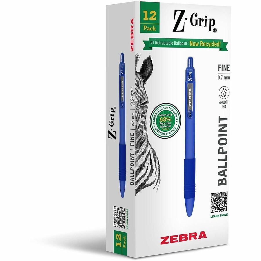 Zebra Pen Z-Grip Recycled Retractable Ballpoint Pens - Retractable - Blue Ink - School, Home, Journaling - 1 Dozen